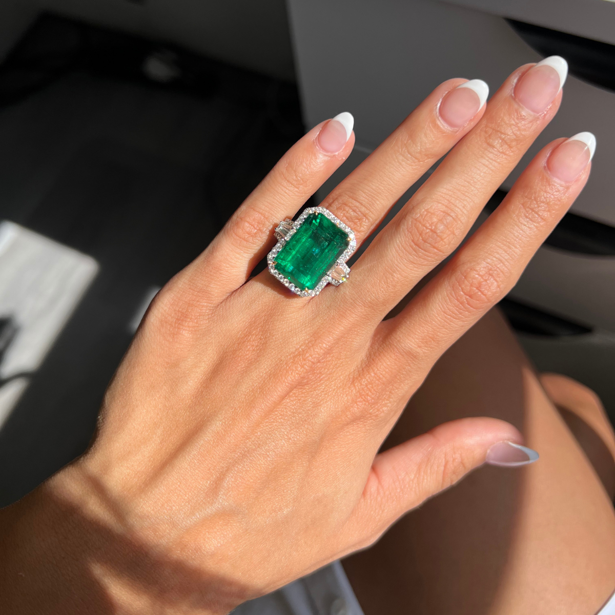 Emerald Halo Baguette Ring