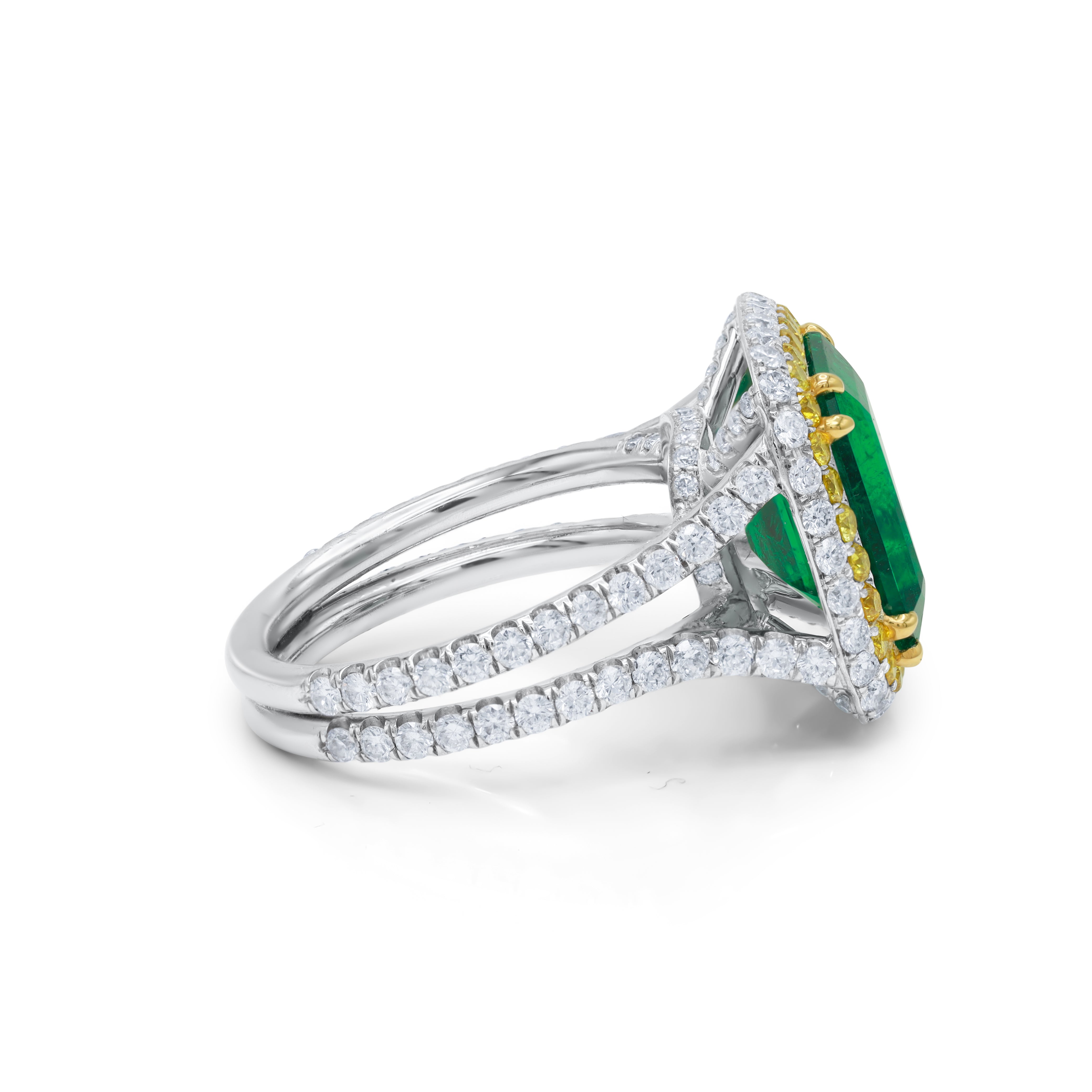 Yellow Diamond Halo Emerald Ring