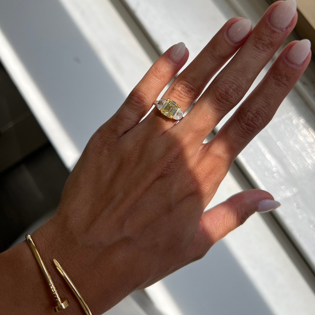 Three Stone Emerald Half Moon Engagement Ring