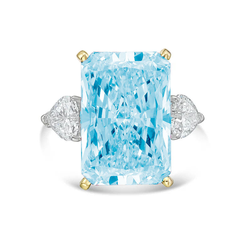 Lab-Grown Blue Radiant Diamond Ring with Heart Sides, 18k Gold