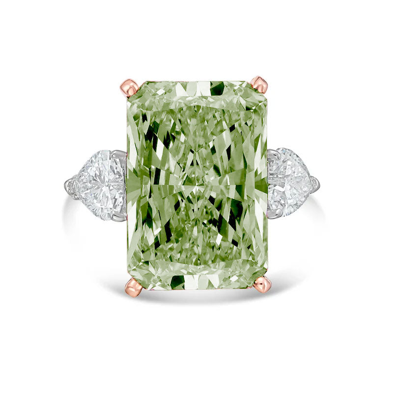 Lab-Grown Green Radiant Diamond Ring with Heart Sides, 18k Gold