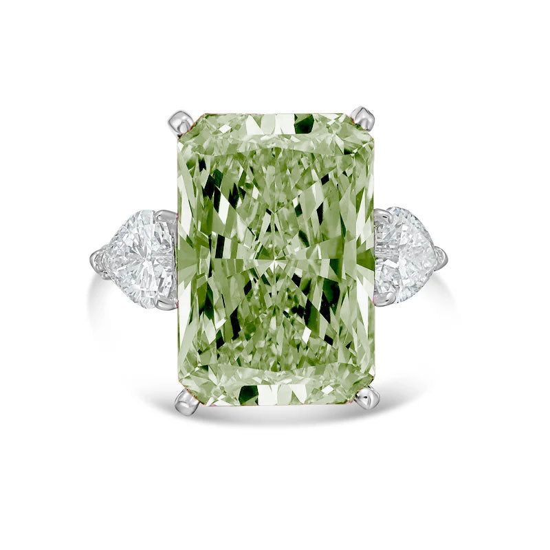 Lab-Grown Green Radiant Diamond Ring with Heart Sides, 18k Gold