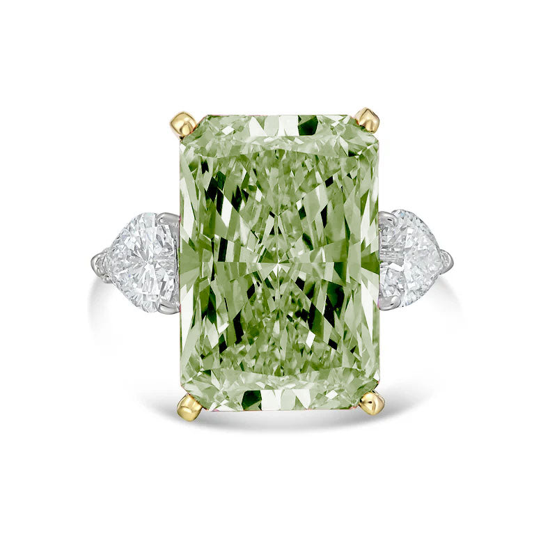 Lab-Grown Green Radiant Diamond Ring with Heart Sides, 18k Gold
