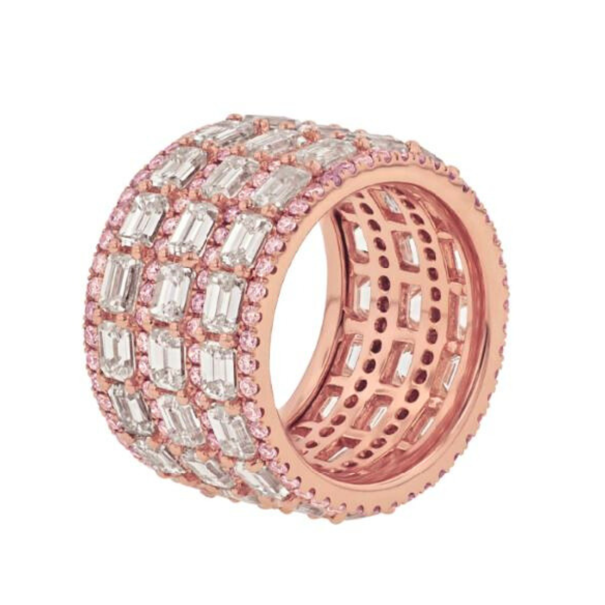 Emerald-cut diamond multi-row eternity band in 18kt rose gold with pink diamond accent rows