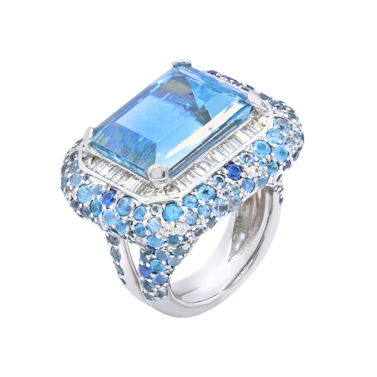 Emerald cut aquamarine halo ring in 14kt white gold