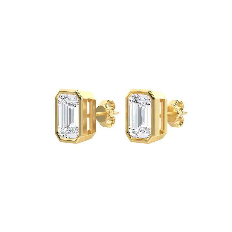 Emerald cut bezel lab diamond studs in 14K yellow gold