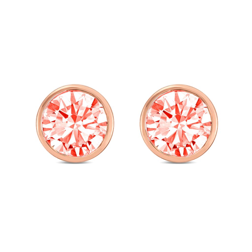 Lab-Grown Bezel Round Pink Diamond Studs, 14K Gold