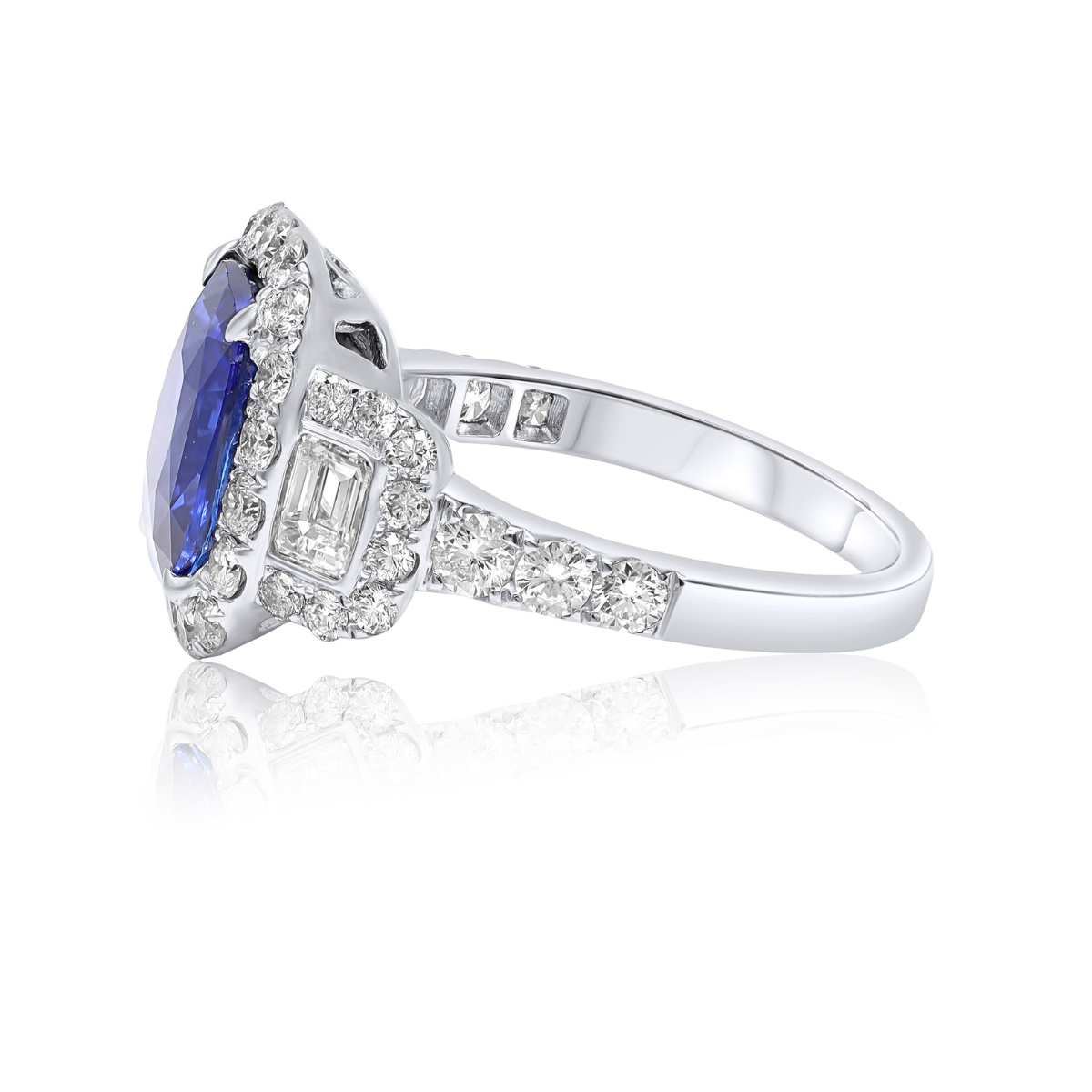 Sapphire Three Stone Halo Ring