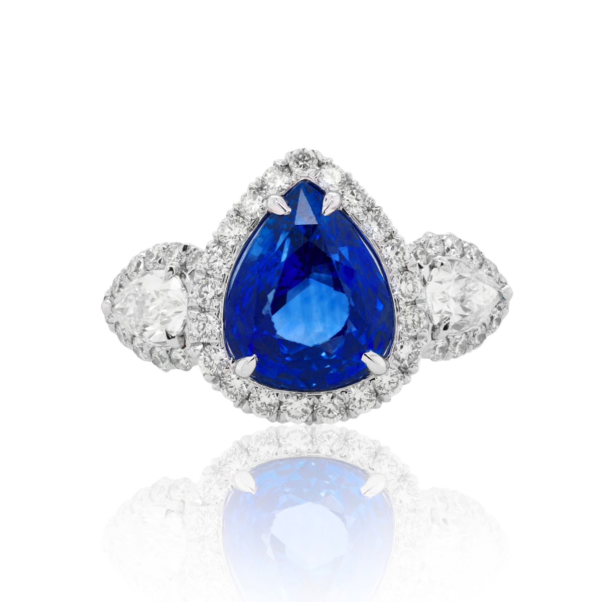 Three Stone Pear Sapphire Halo Ring
