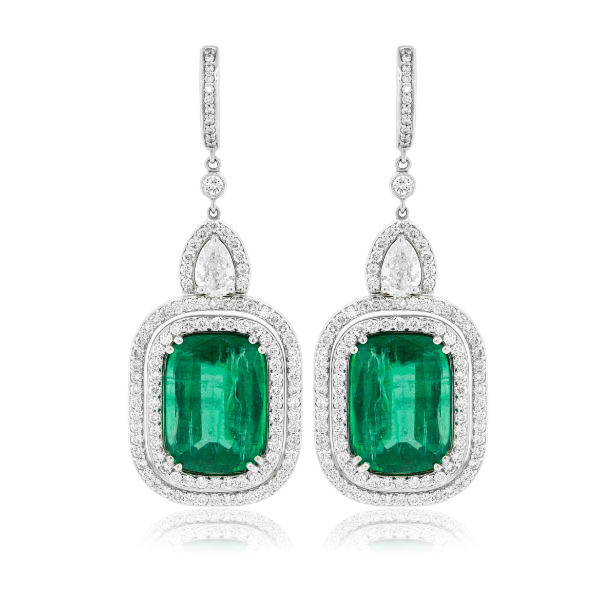 Double Halo Emerald Drop Earring
