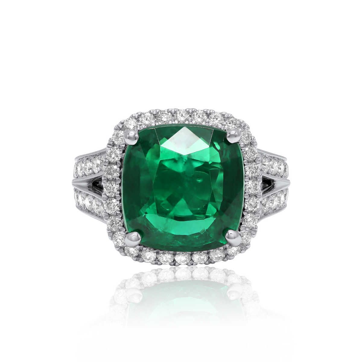 Cushion Cut Emerald Diamond Halo Ring