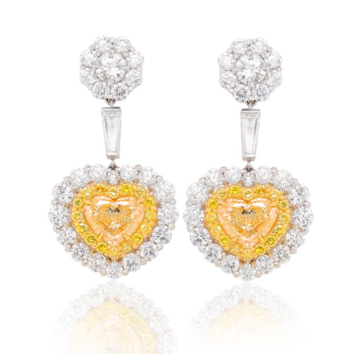 GIA certified yellow heart diamond drop earrings, platinum and 18K gold, 6.85ct center