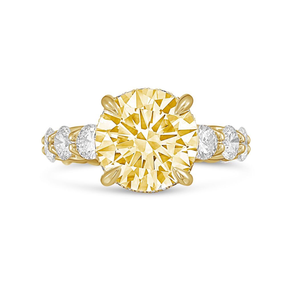 Lab-Grown Yellow Round Diamond Hidden Halo Ring with Pavé Band, 14K Gold