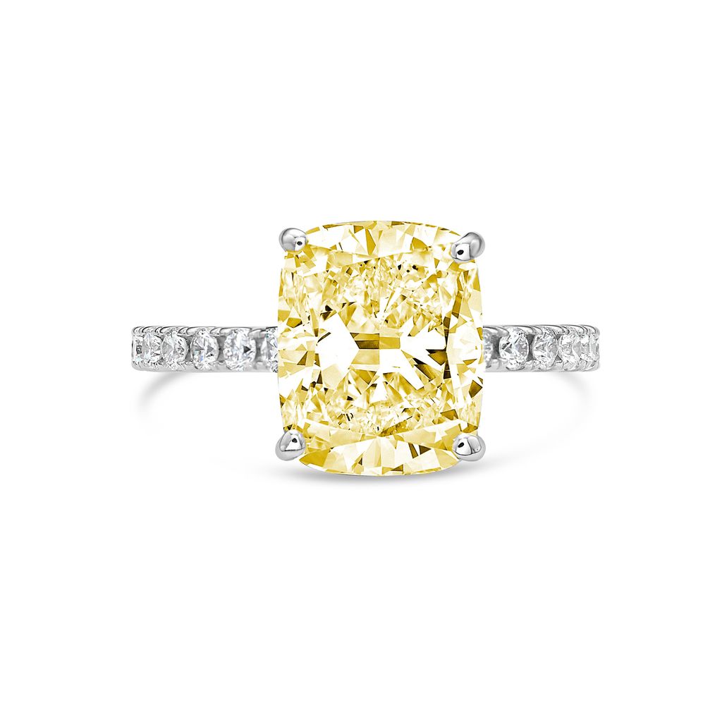 Lab-Grown Cushion Cut Yellow Diamond Pavé Engagement Ring, 14K Gold