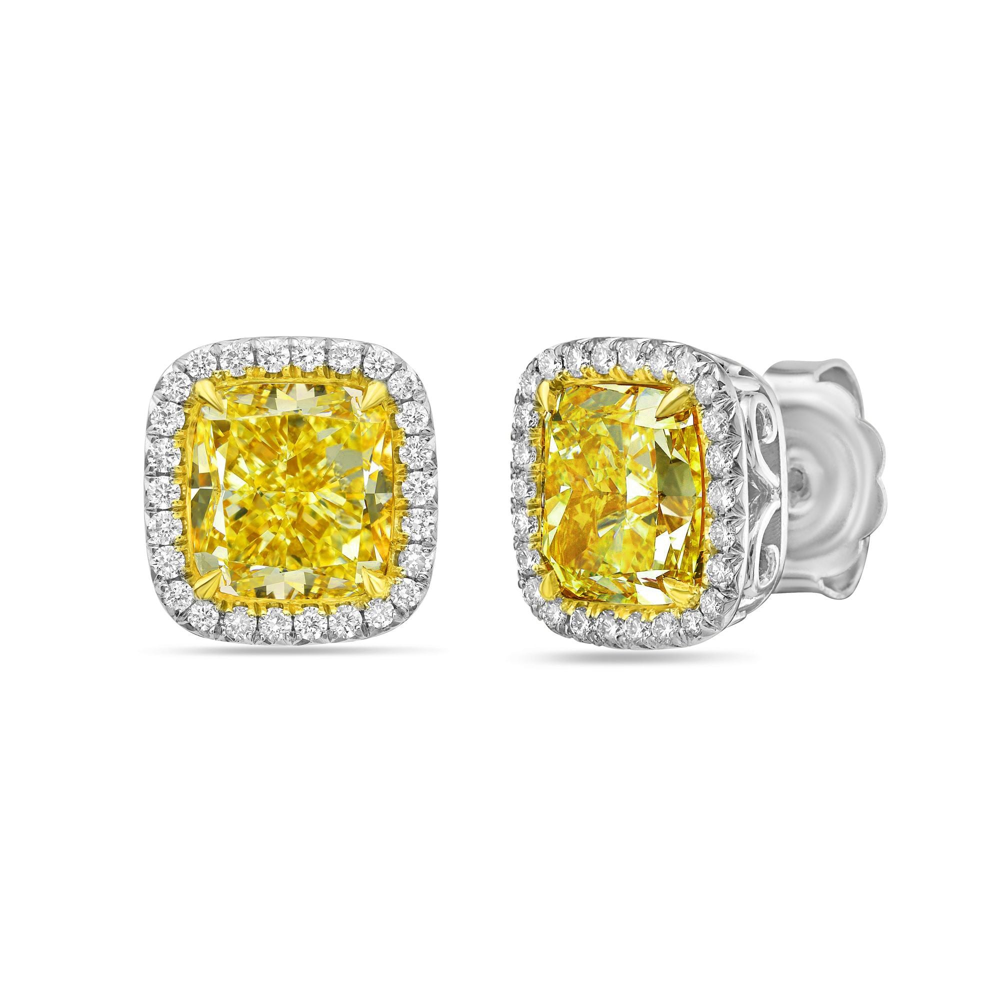 Cushion Yellow Diamond Halo Stud Earring