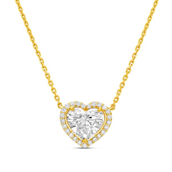 Heart-shaped diamond pendant on a gold chain against a white background