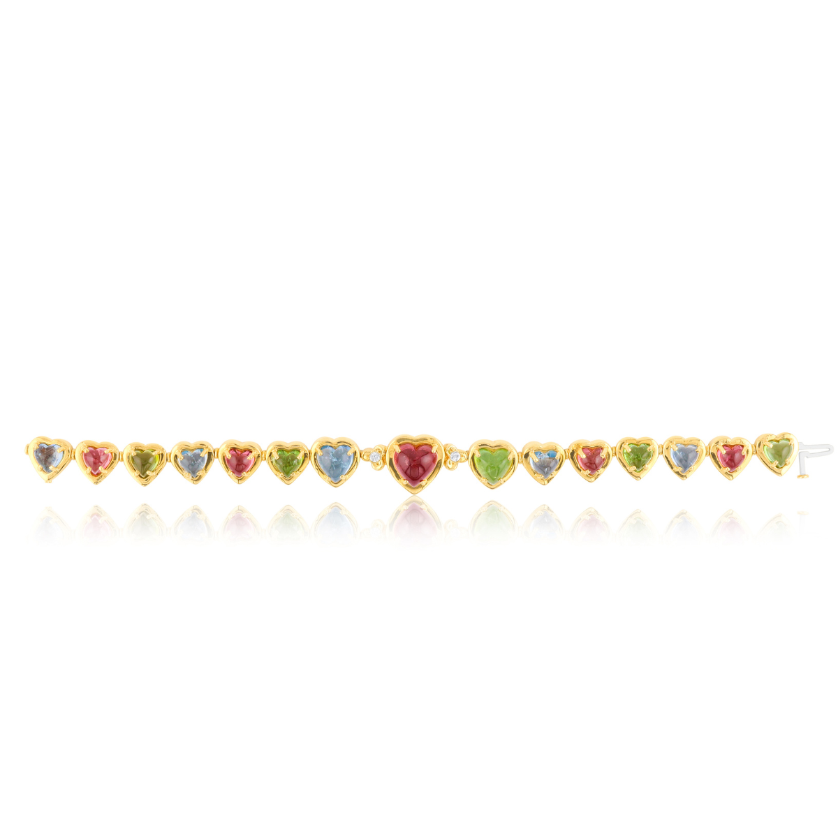 Heart-shaped ruby, peridot, tourmaline, aquamarine bracelet with diamonds, 7-inch