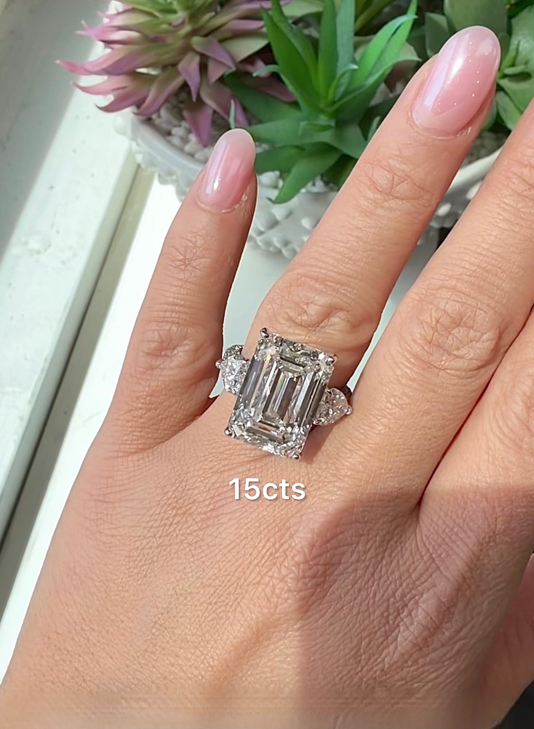 Lab Grown Emerald Diamond Ring With Hearts On Sides