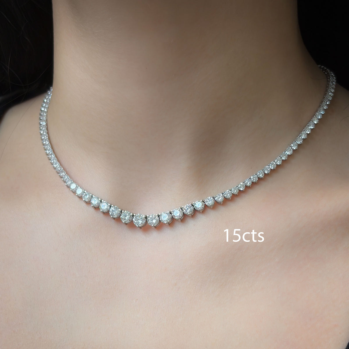 Lab-Grown Graduated 3 Prong Tennis Necklace, 14K Gold