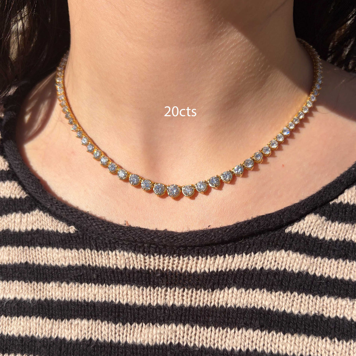 20cts Graduated Round Diamond Tennis Necklace, 3-Prong, 18K Gold