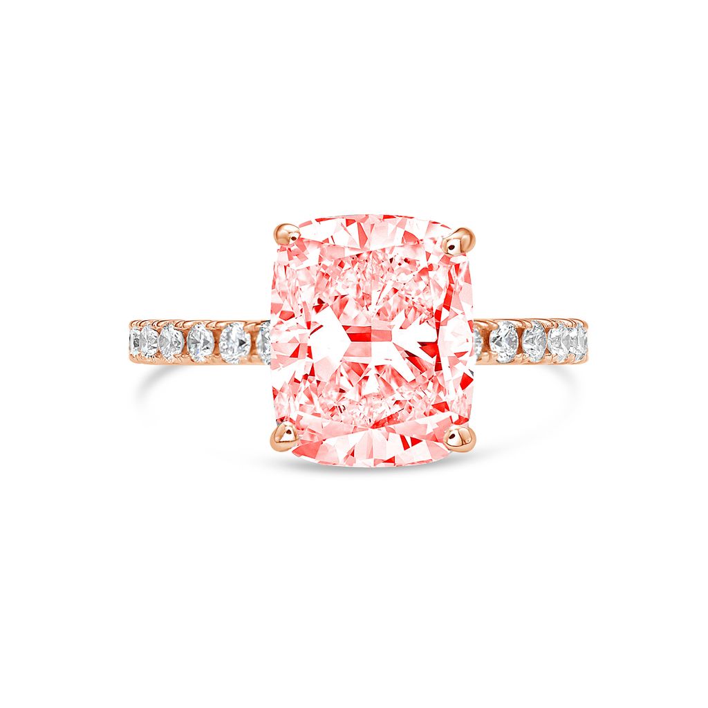 Lab-Grown Cushion Cut Pink Diamond Pavé Engagement Ring, 14K Gold