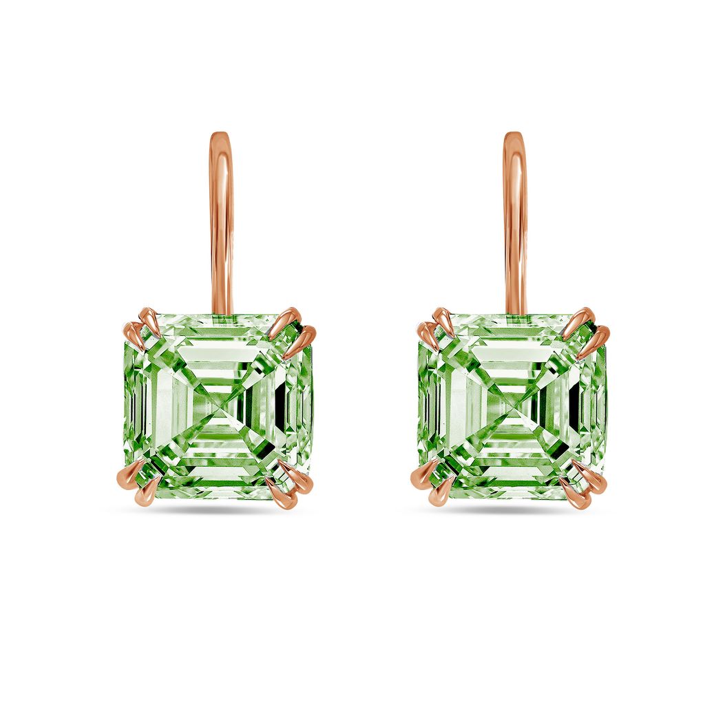 Lab-Grown Asscher Cut Green Diamond Drop Earrings, 14K Gold