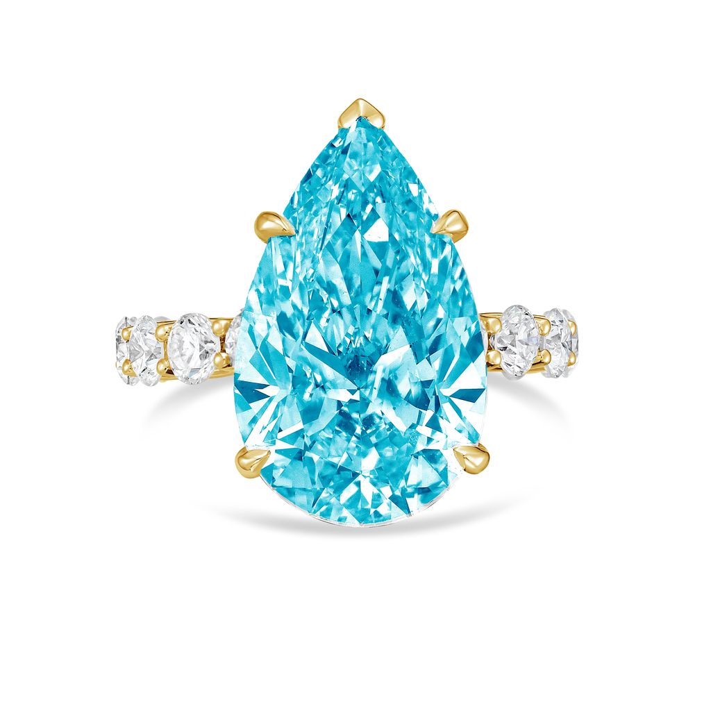 Lab-Grown Blue Pear Diamond Engagement Pave Ring, 18K Gold