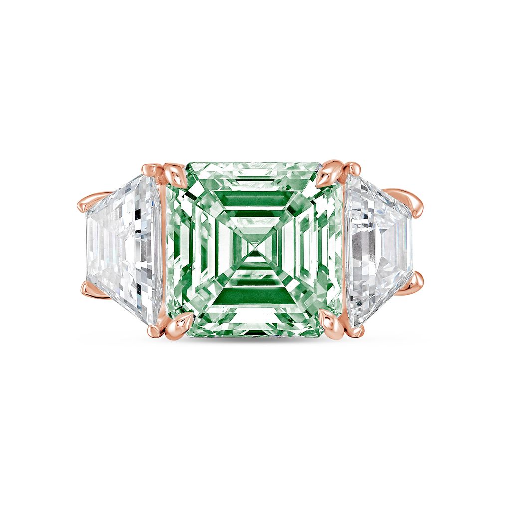 Lab-Grown Green Asscher Diamond Ring with Trapezoids, 14K Gold