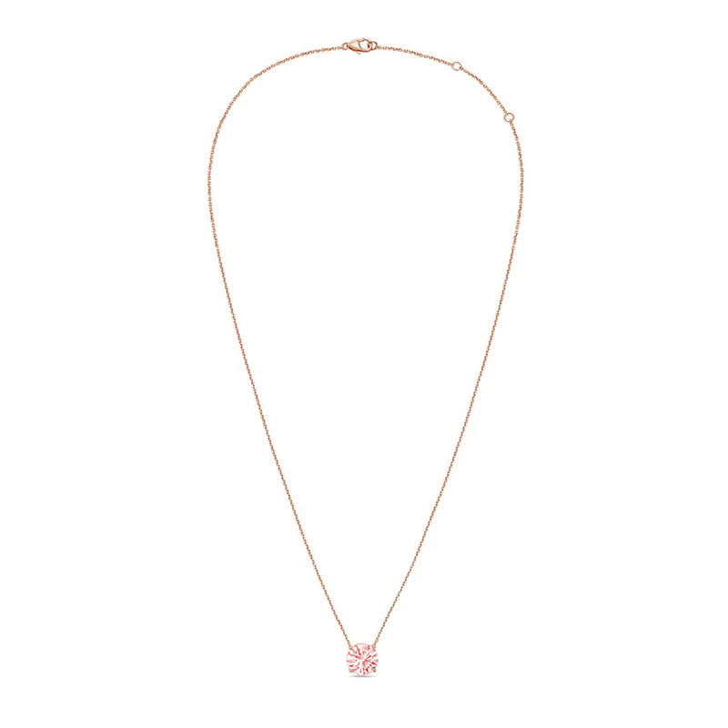 Lab-Grown Pink Round Diamond Solitaire Pendant, 14k Gold