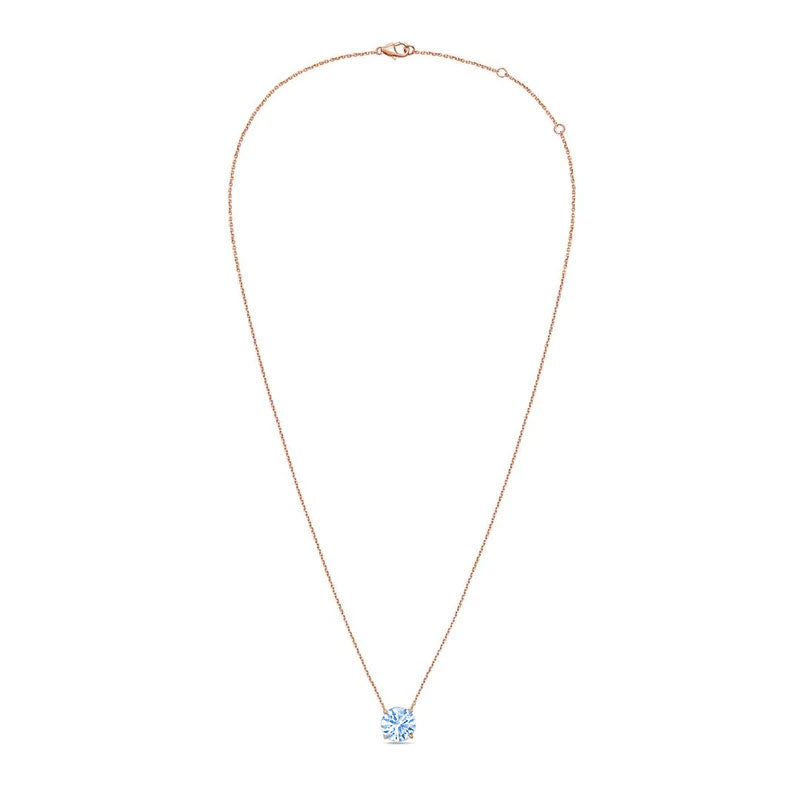 Lab-Grown Blue Round Diamond Solitaire Pendant, 14k Gold