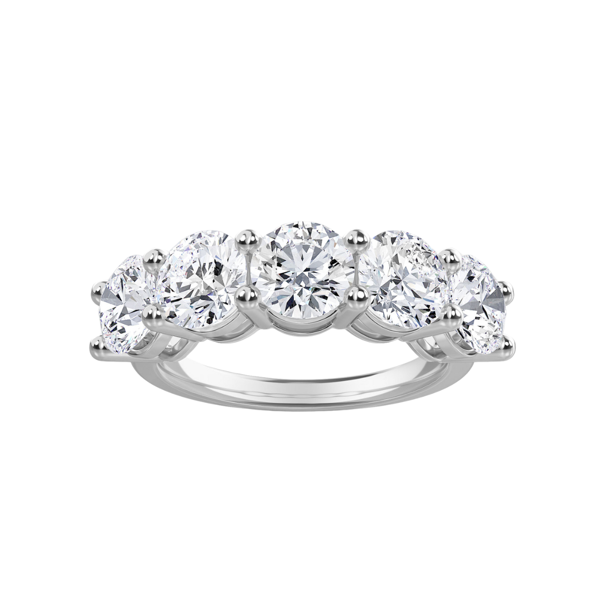 A 14kt white gold band ring with five round lab grown diamonds set in it.