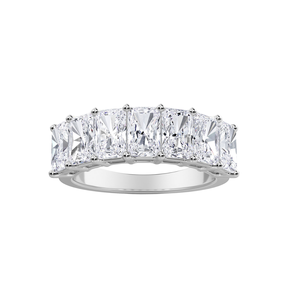A 14kt white gold band with seven lab grown diamonds set in a radiant cut design.
