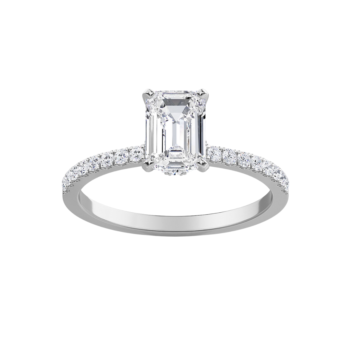 A white gold lab grown emerald diamond engagement ring with a hidden halo effect and pave band.