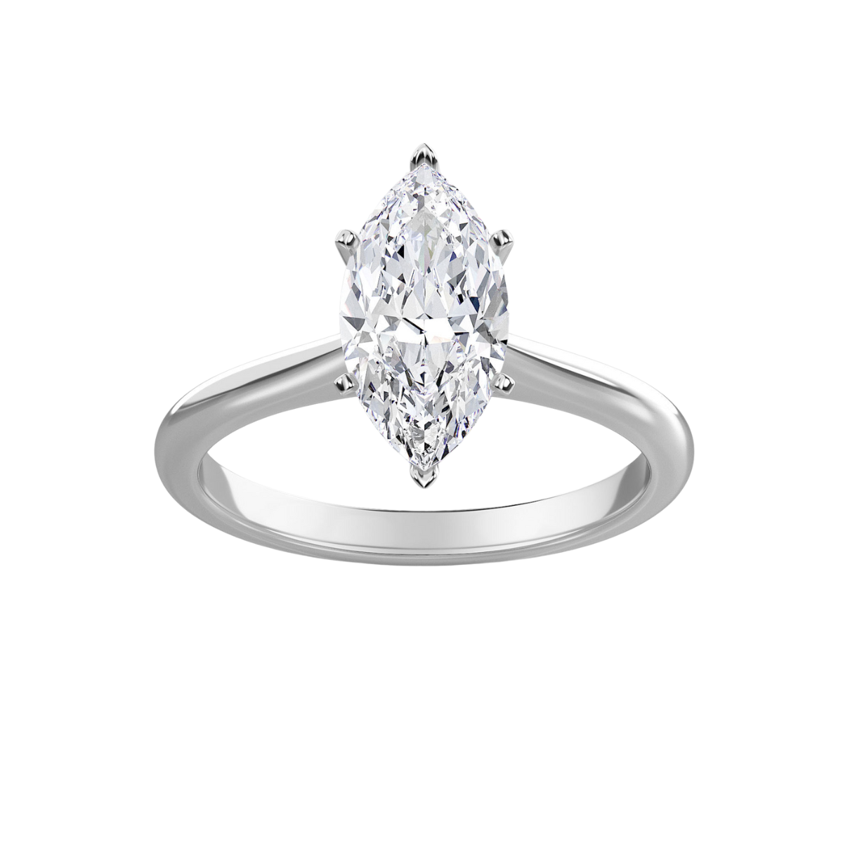 A 14kt white gold lab grown marquise diamond solitaire engagement ring with a clear, unset center stone.