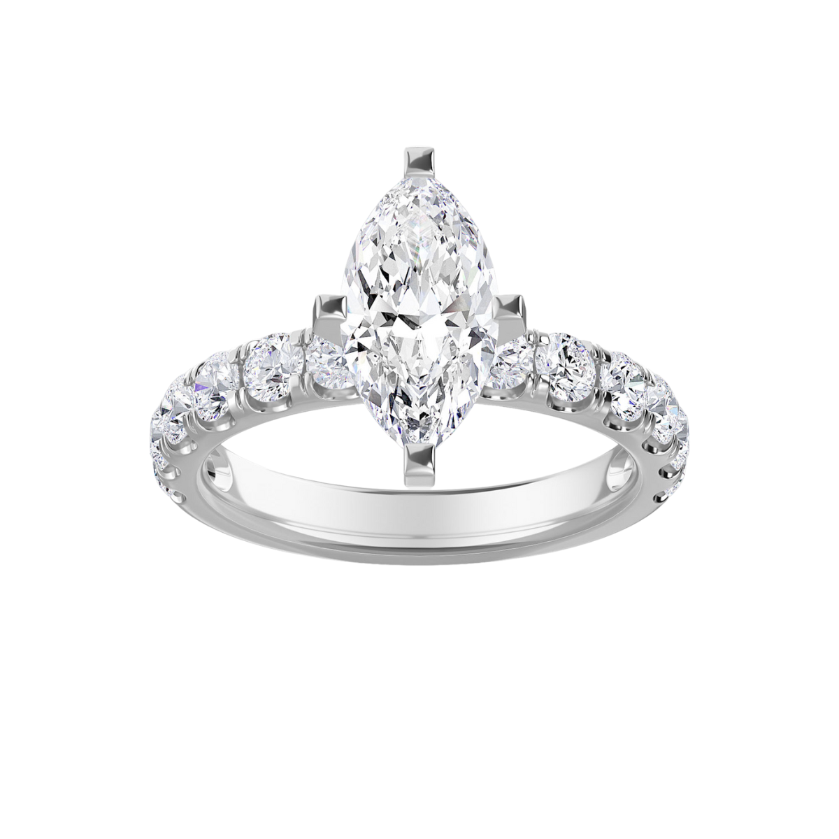 A 14kt white gold band with a lab grown marquise diamond pave engagement ring set on it.
