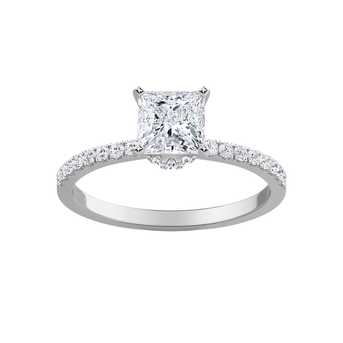 A white gold princess cut lab grown diamond hidden halo engagement ring with a pave band.
