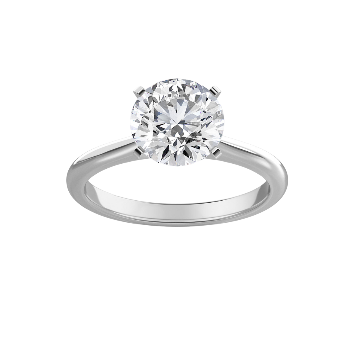 A white gold lab grown round diamond solitaire engagement ring with a clear, unset center stone.