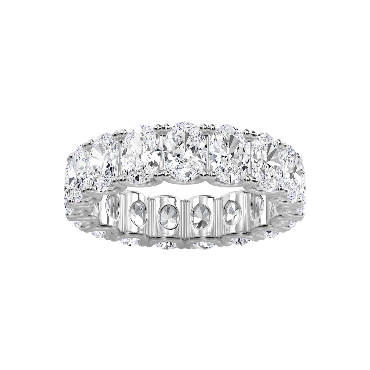 A 14kt white gold lab grown oval eternity band with a U-prong setting, featuring a row of lab grown oval diamonds.