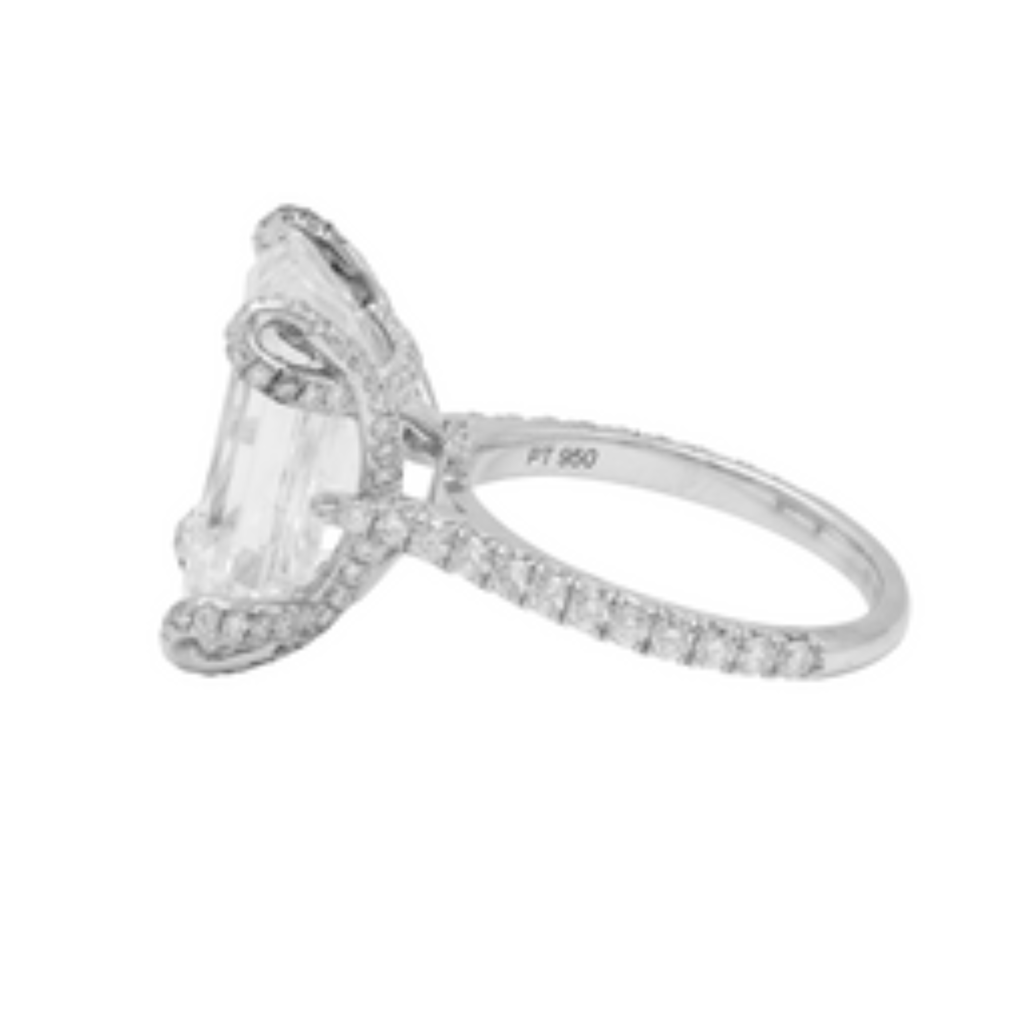 Large emerald cut diamond ring with micropavé round diamonds