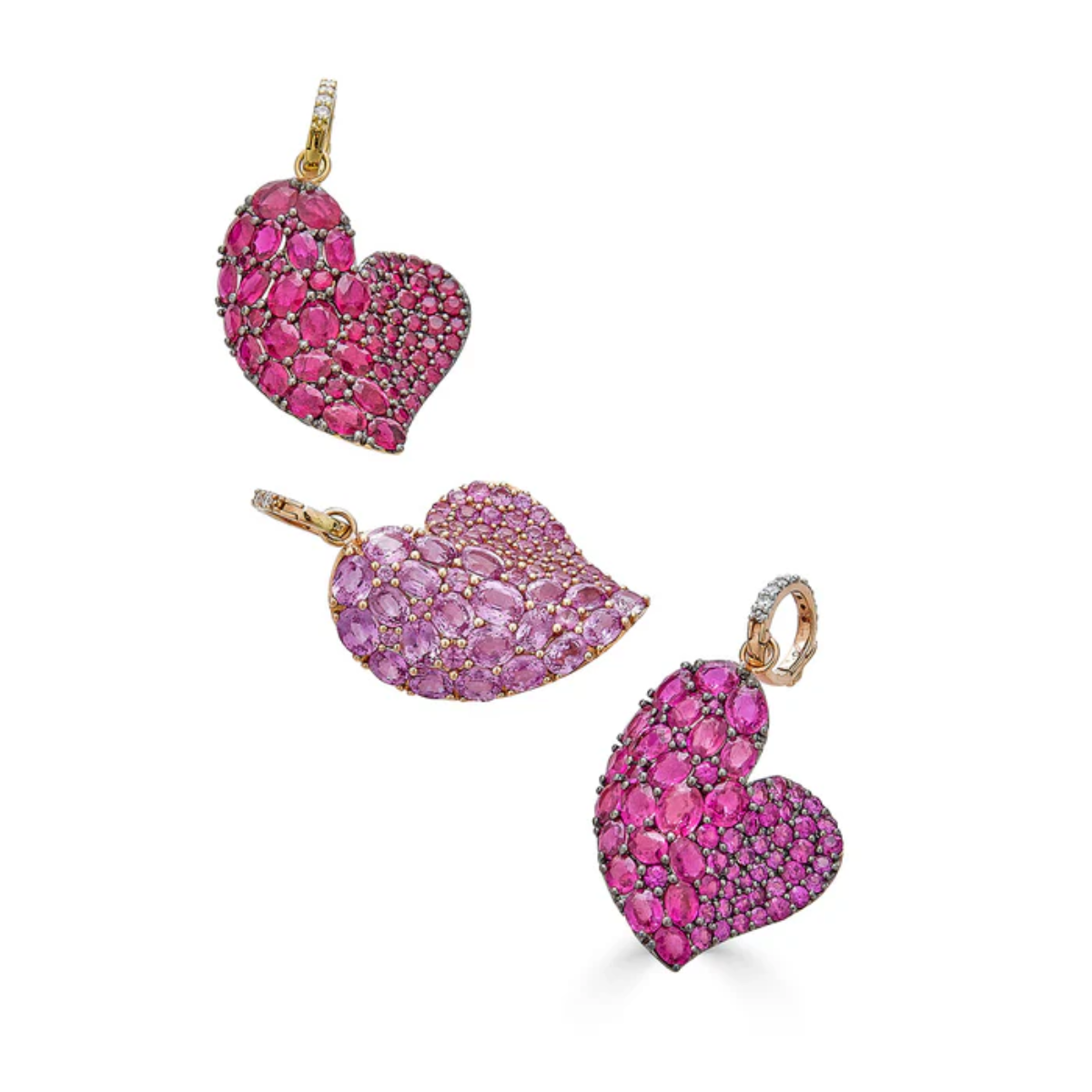 Large pink sapphire wave heart pendant, 18K rose gold black gold design