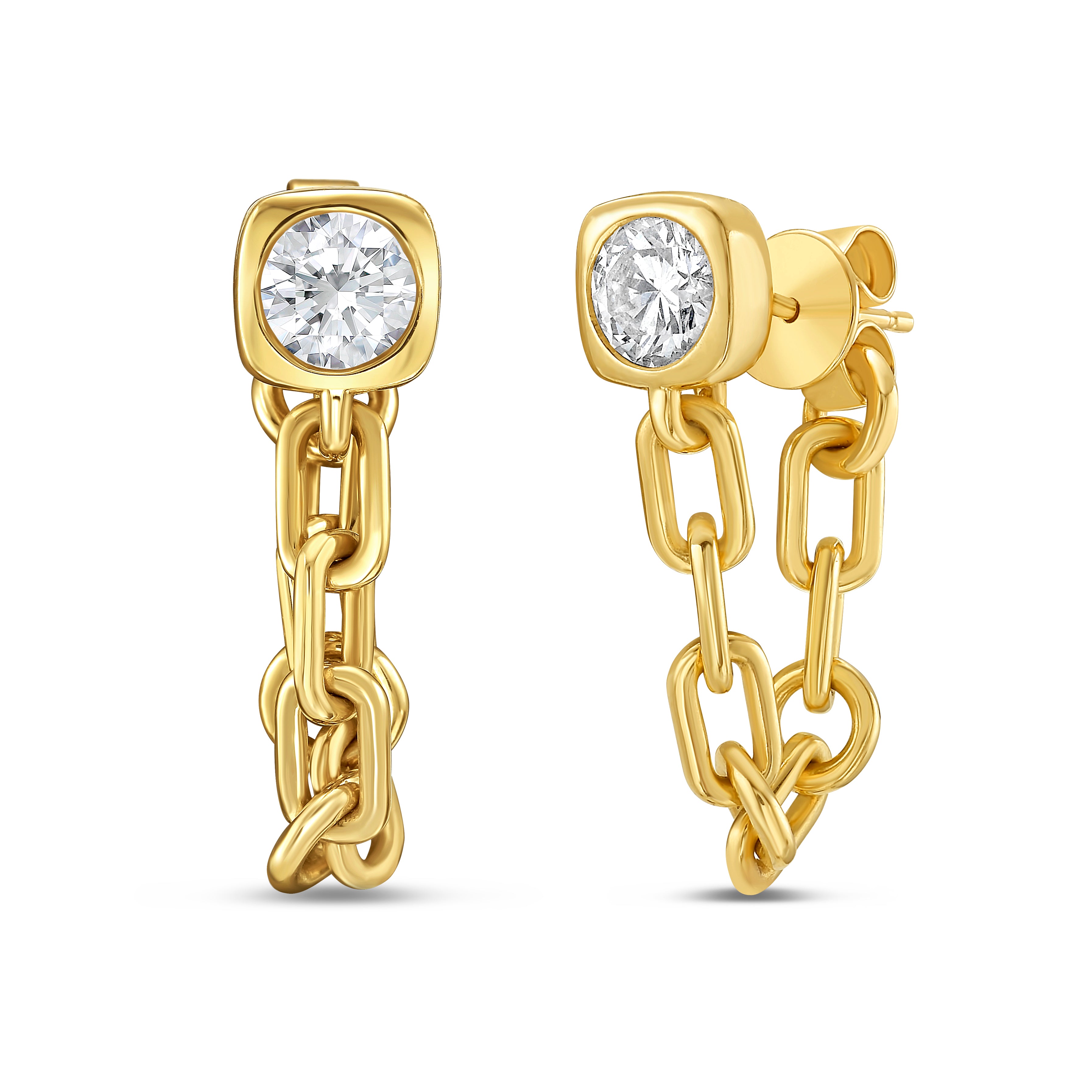 Lab Grown Round Bezel with Link Chain Drop Earrings