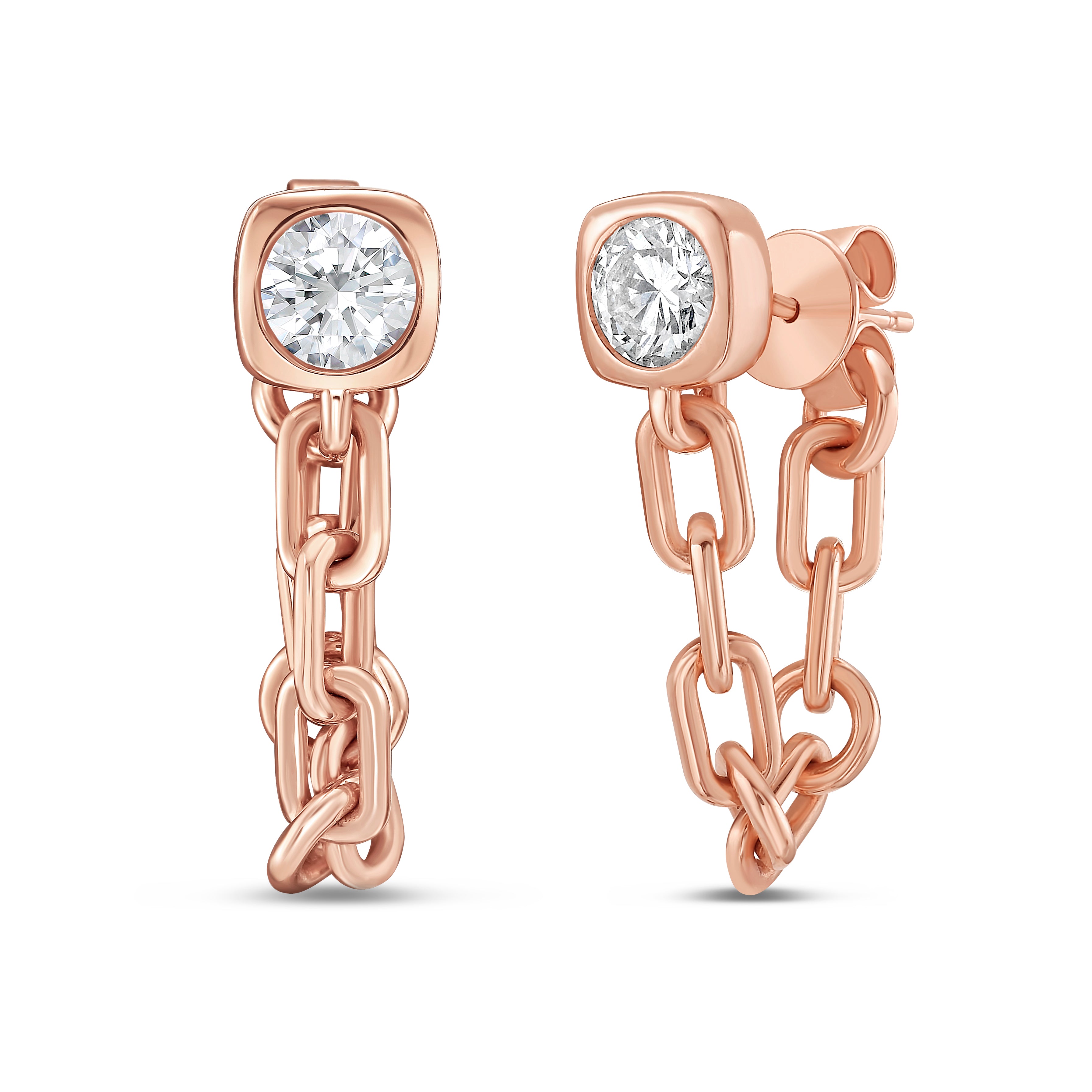 Lab Grown Round Bezel with Link Chain Drop Earrings