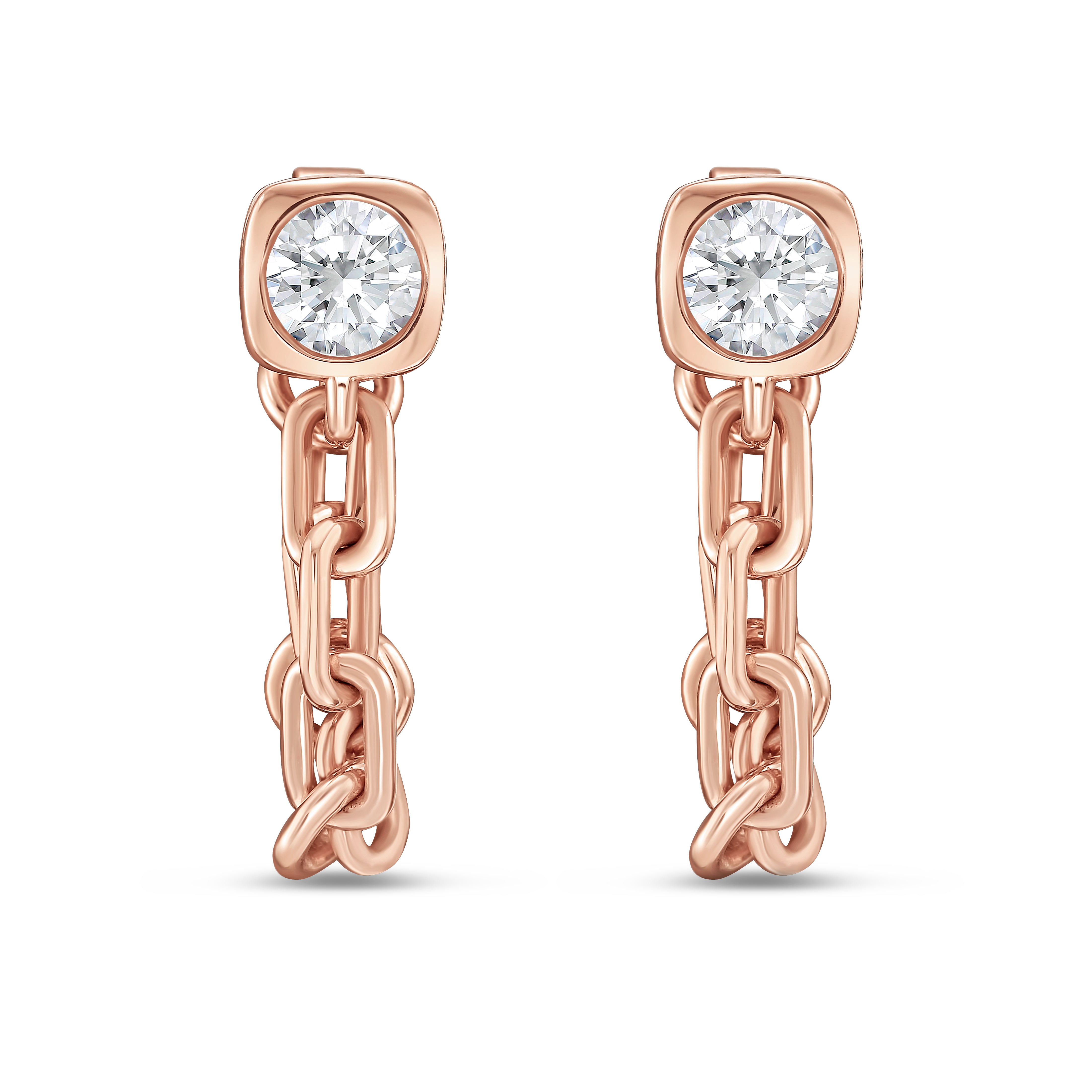 Lab Grown Round Bezel with Link Chain Drop Earrings