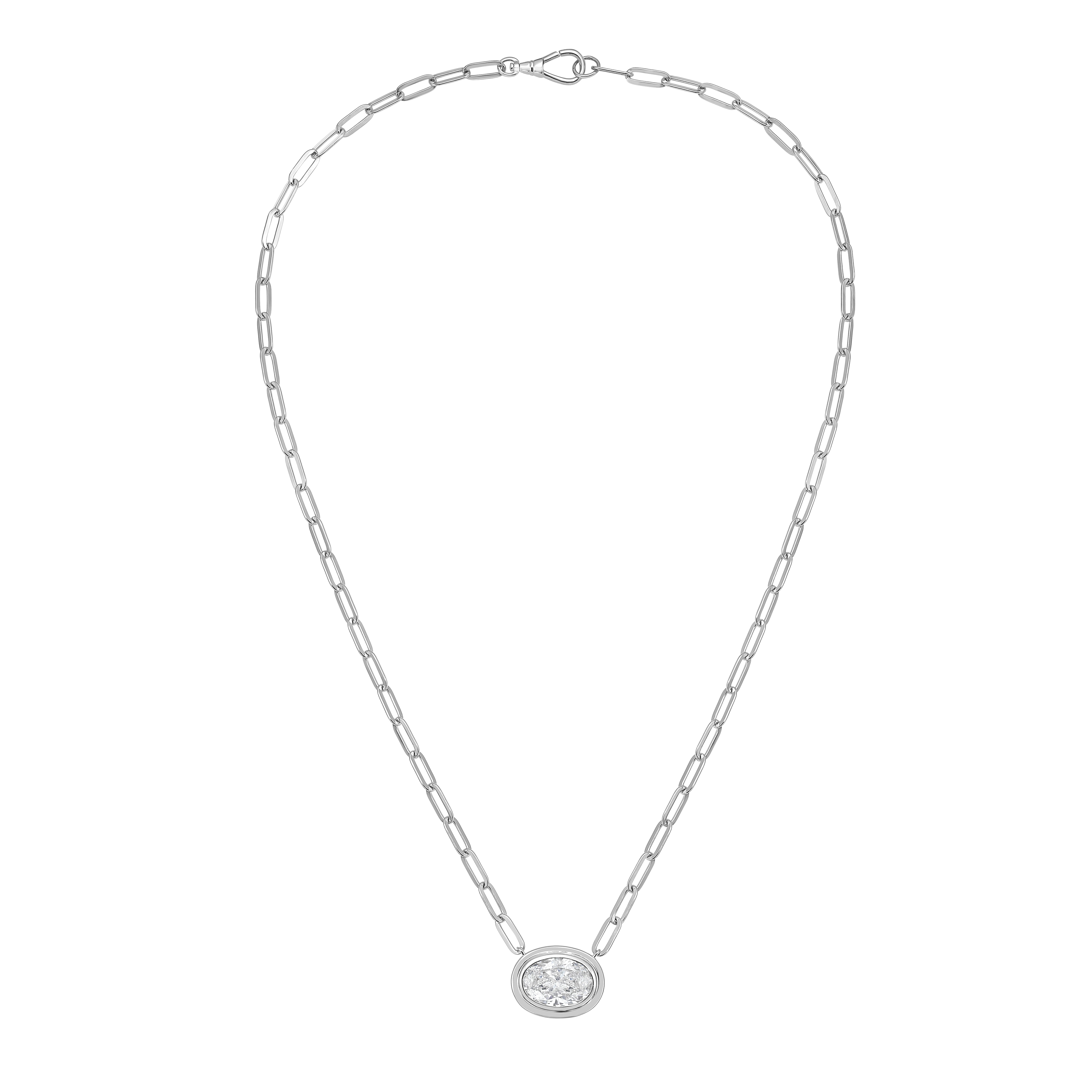 Lab Grown Oval Bezel Pendant With Paperclip Chain