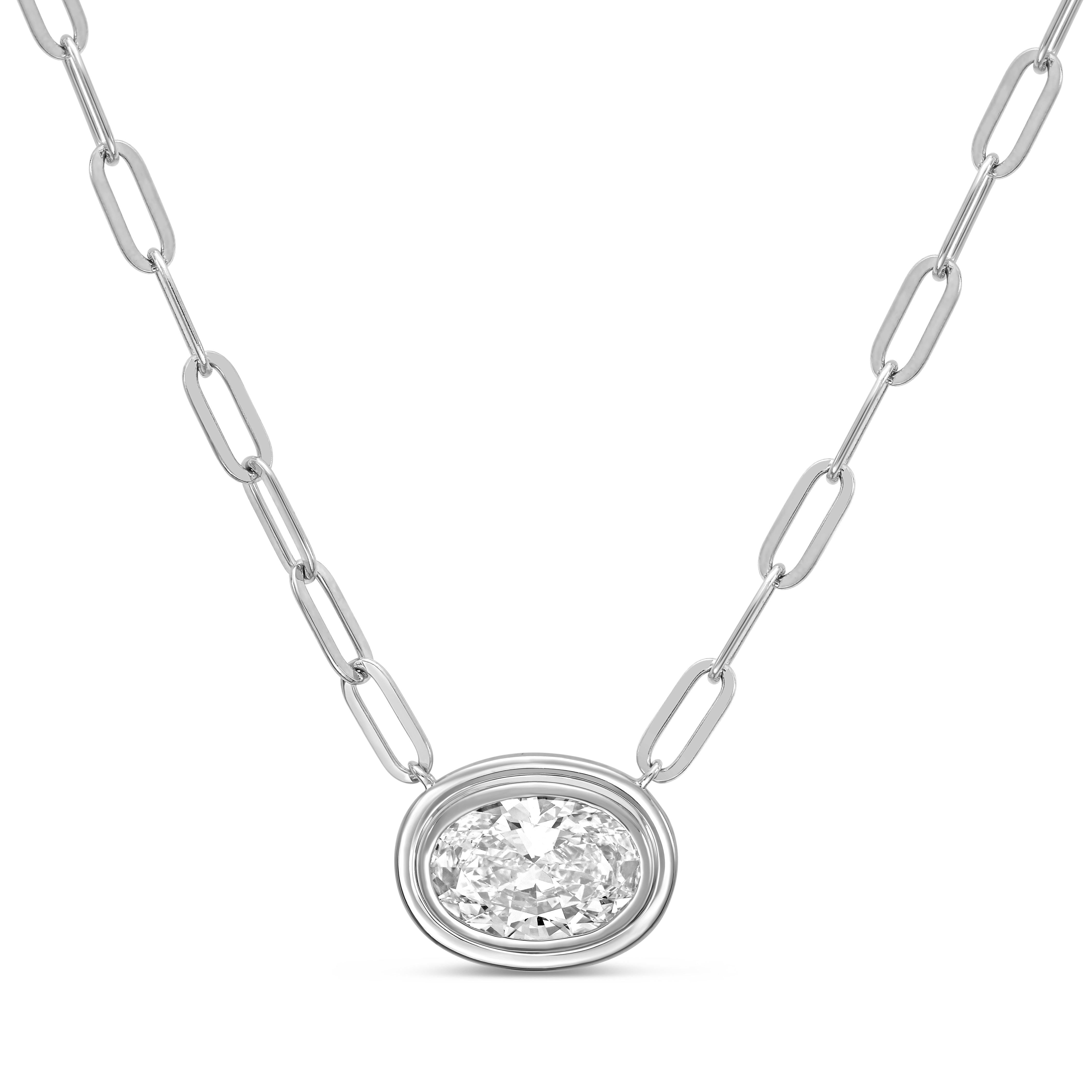 Lab Grown Oval Bezel Pendant With Paperclip Chain