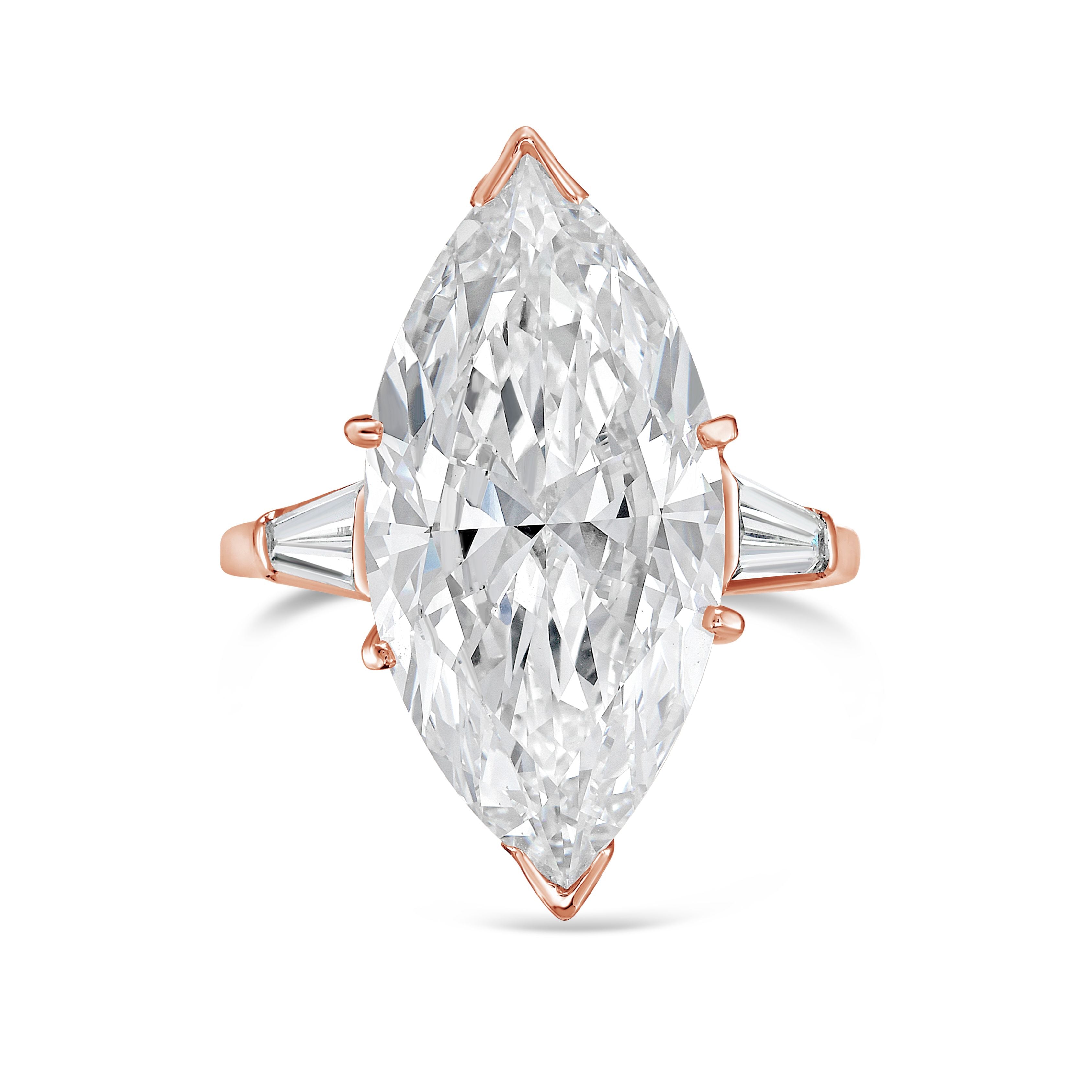 Marquise lab diamond engagement ring with tapered baguette side stones in 18K white gold