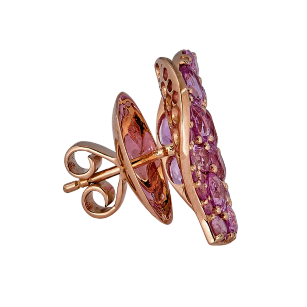 Medium pink sapphire heart stud earrings, wave design, rose & black gold