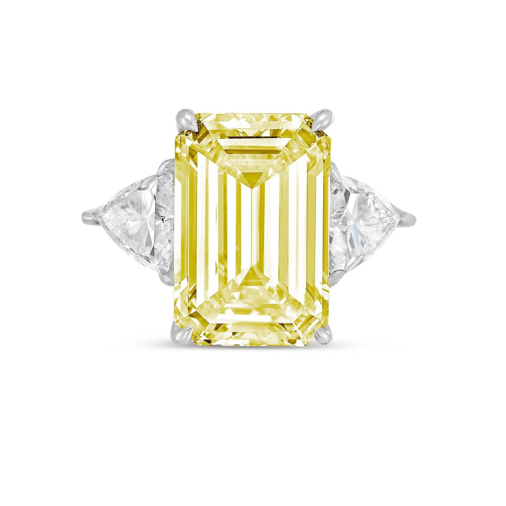 Lab-Grown Yellow Emerald Diamond Ring With Trillions, 14K Gold
