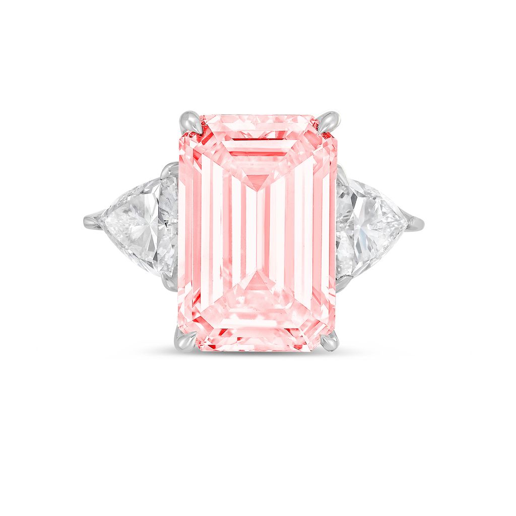 Lab-Grown Pink Emerald Diamond Ring With Trillions, 14K Gold