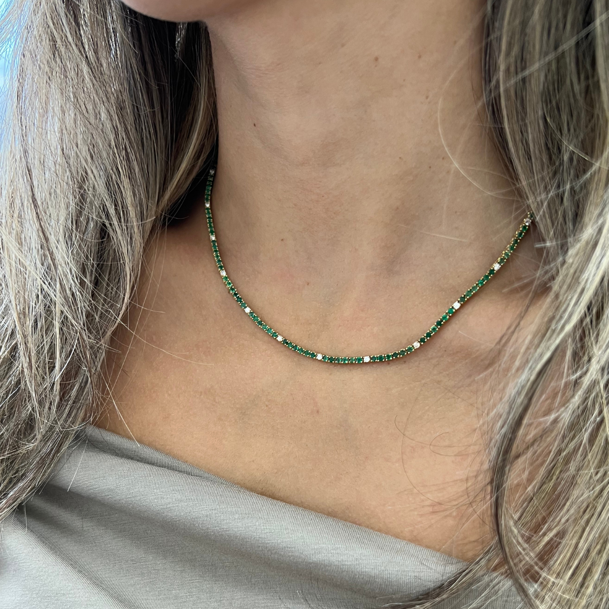 Mini Emerald and Diamond Tennis Necklace